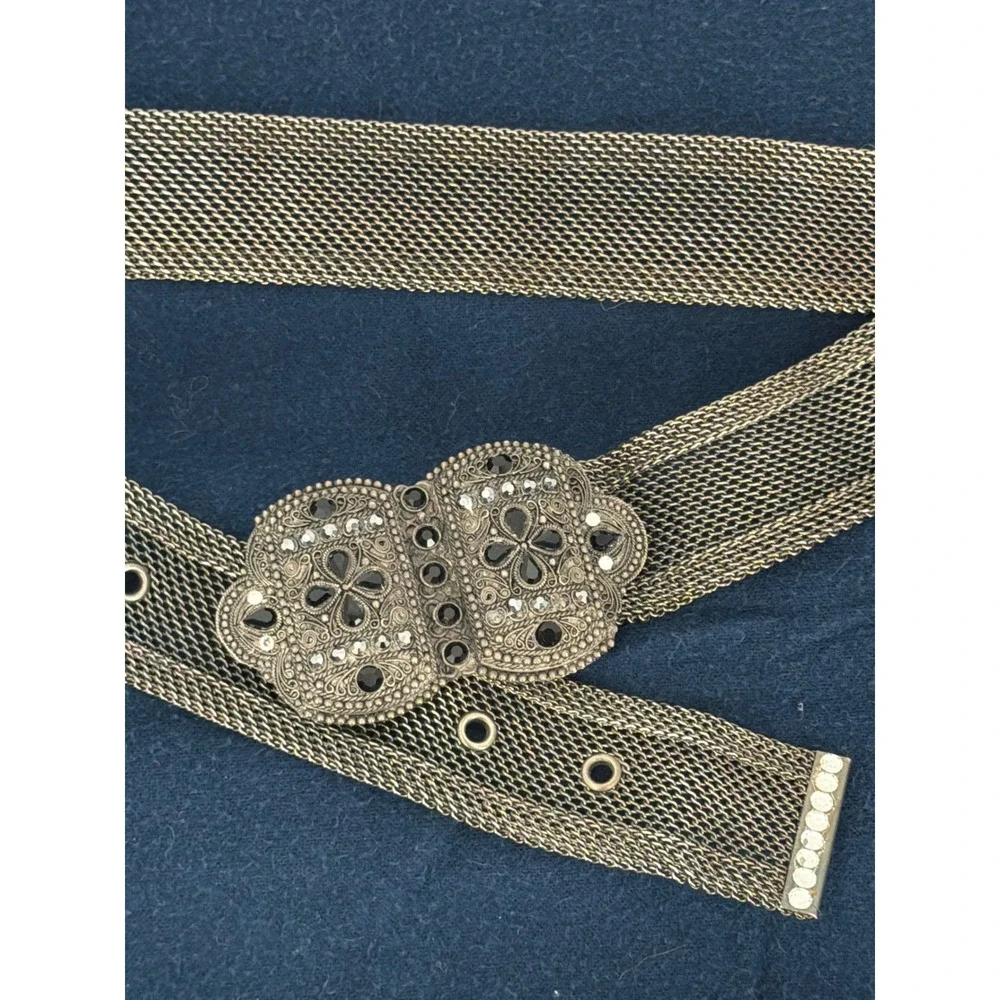 Vintage Gunmetal Mesh Belt Ornate Rhinestone Buckle Gothic Statement Accessory